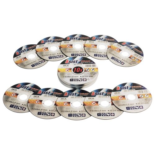 Sada řezných kotoučů ocel/INOX 115 x 1mm, 10ks v plechovém boxu ASIST 03-2115